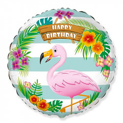 Повітряна кулька фольгована з малюнком 18" Happy Birthday Тропічний Фламінго