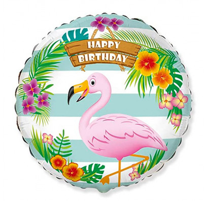Воздушный шарик фольгированный с рисунком 18 "Happy Birthday Тропический Фламинго